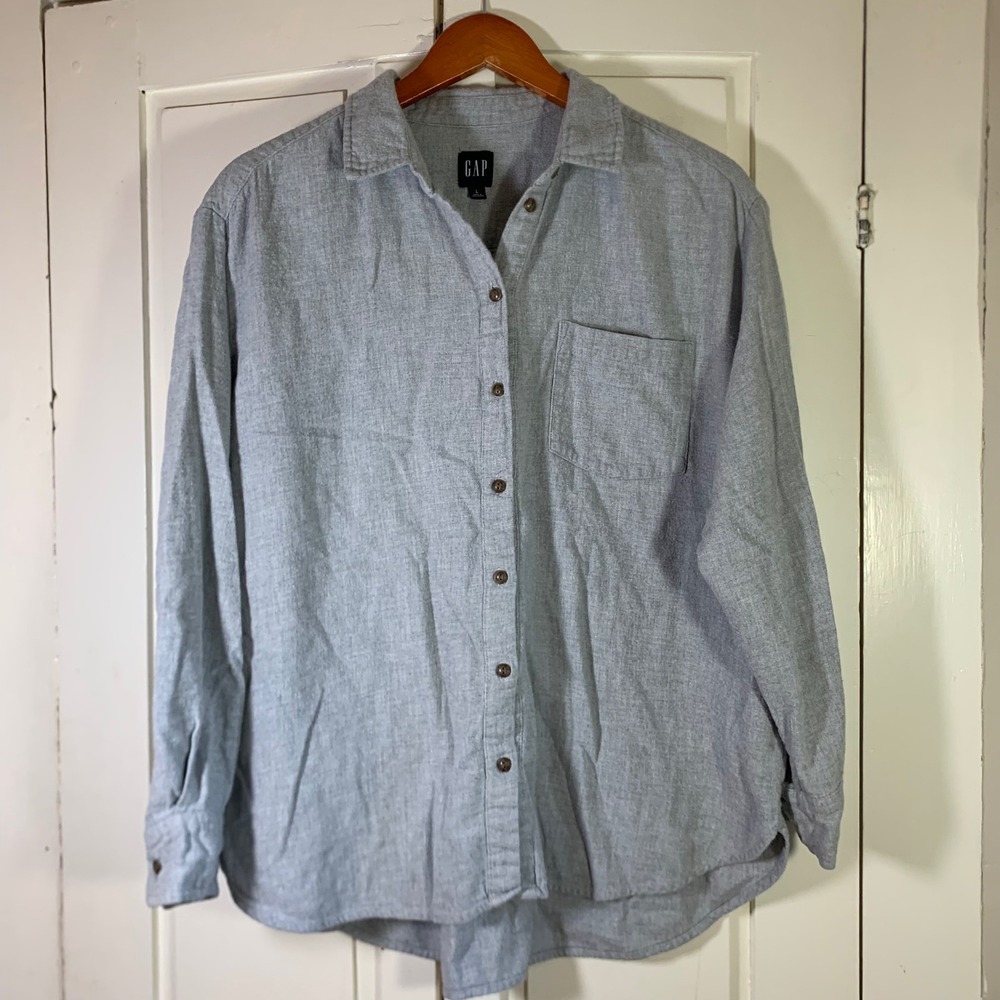 Gap Women LS Flannel Lg Shirt Light Heather Grey Oversized Cotton Large 760581